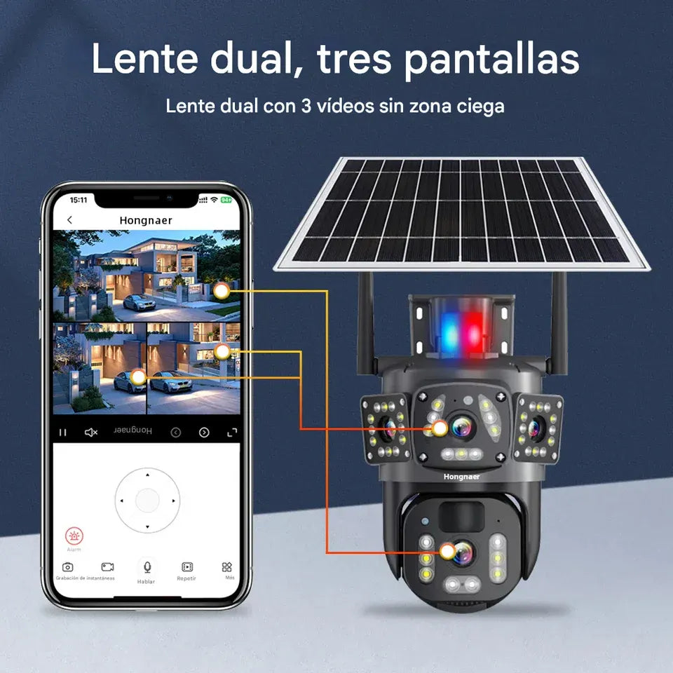 NUEVA CÁMARA TRIPLE LENTE DELUXE-Con panel solar e IA