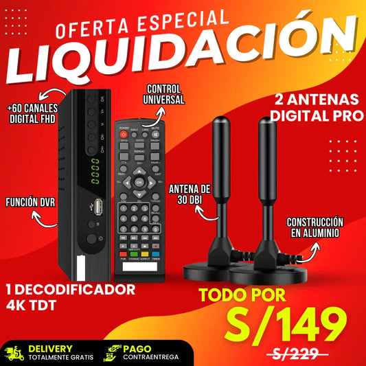 NUEVO PACK TDT VISION PRO - 1 DECODIFICADOR 4k + 2 ANTENAS DIGITALES