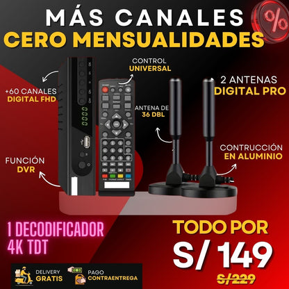 NUEVO PACK TDT VISION PRO - 1 DECODIFICADOR 4k + 2 ANTENAS DIGITALES